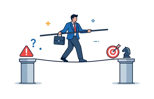 Business risk management concept showing a professional carefully maintaining stability while navigating uncertain decisions and competitive pressure, a person walking on a