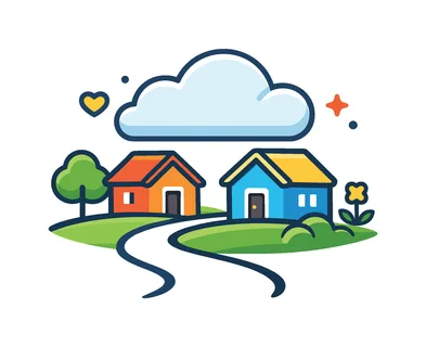 Local community life and harmonious outdoor recreation in a quiet countryside setting centered on relaxation and belonging, two tiny village houses near a curved pathway and simple