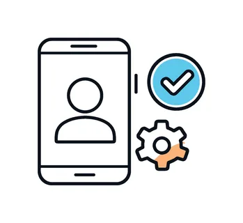 Digital onboarding and smooth user registration process in a modern online service environment, a smartphone displaying a simple user profile icon beside a checkmark badge and a
