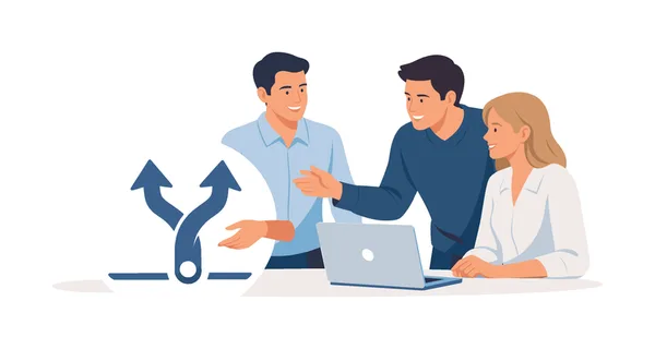 A team strengthening shared alignment during a collaborative planning discussion, gathered near a laptop while interacting with a simple unified path symbol beside it,