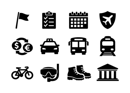 Travel services and activities: tour guide flag, itinerary checklist, booking calendar, travel insurance shield, currency exchange, taxi cab, bus transport, train front,