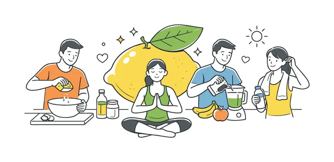 A fresh and healthy lifestyle concept where people incorporate natural ingredients into daily routines such as cooking and wellness practices, using a simple lemon and a single