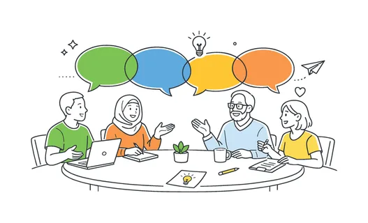 Inclusive meeting collaborative workplace scene showing a diverse group of people participating equally in a discussion and sharing ideas in a respectful environment,
