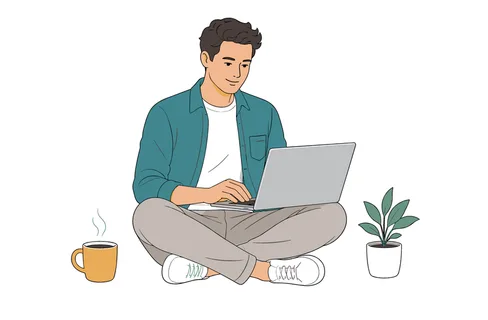 A man in casual attire is focused on his laptop, enjoying a warm beverage and a small potted plant nearby, embodying a relaxed work-from-home atmosphere