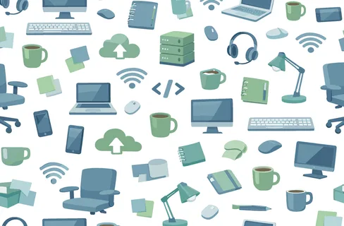 Tech startup workspace seamless pattern for productivity and digital business concepts featuring desktop computer, laptop, keyboard, mouse, smartphone, headset, wifi icon, server