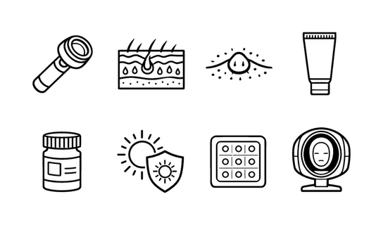 Dermatology and treatment: dermatologist tool, skin layer diagram, acne spot, medical cream tube, prescription bottle, UV protection symbol, allergy patch, skin analysis