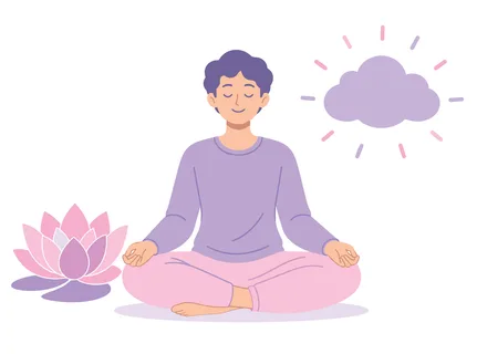 A person sits in a meditative pose, symbolizing inner peace and mindfulness, with a lotus flower and a serene cloud nearby