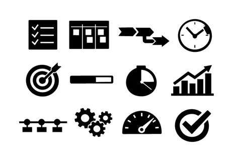 Work process and productivity: checklist, task board, workflow arrows, time tracking clock, goal target, progress bar, focus timer, analytics chart, project timeline,