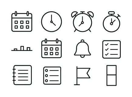 Scheduling and time management: calendar, clock, alarm clock, stopwatch, timeline bar, date grid, reminder bell, checklist, planner notebook, task list, deadline flag,