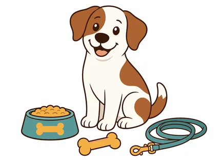 A cheerful, stylized puppy sits beside its food dish and a bone, with a leash coiled nearby, symbolizing pet care and companionship