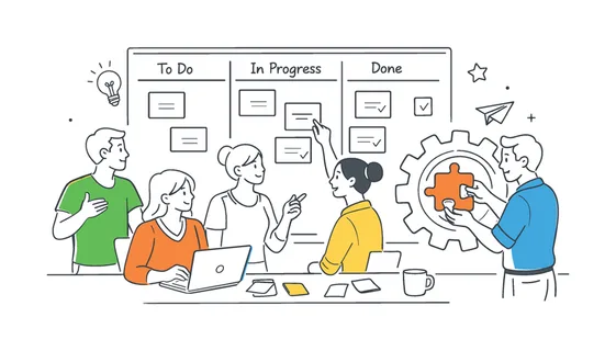Agile project management workflow planning scene where a small team collaborates around a large kanban board with several simple task cards while one person places a single puzzle