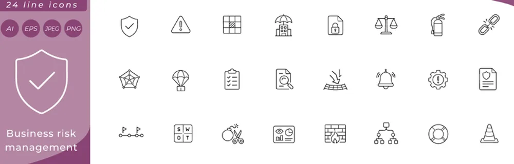 Business risk management: shield with checkmark, warning triangle, risk matrix grid, umbrella over building, lock on data file, balance scale, fire extinguisher, broken chain link, radar chart