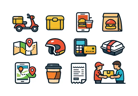 Food delivery service: delivery scooter vehicle, delivery box package, smartphone food order, restaurant takeaway bag, map route with pin, courier helmet, payment card terminal