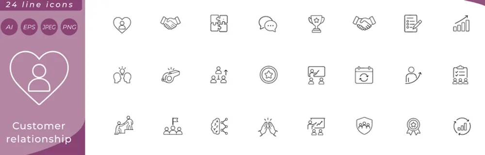 Customer relationship: heart with user silhouette, handshake, chat bubble with smile, CRM pipeline funnel, loyalty star badge, user profile card, feedback form, email with heart badge, phone handset