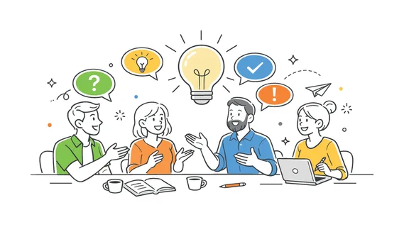 Colleague chat brainstorming scenario showing coworkers exchanging ideas and collaborating on solutions in a creative office setting, using a light bulb and dialogue