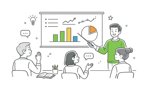 Educational digital presentation in a learning environment where a teacher or student explains concepts visually, depicted by a screen with simple charts and a pointer as