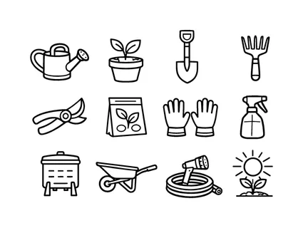 Gardening and plant care tools: watering can, flower pot with plant, garden shovel, hand rake, pruning shears, seed packet, garden gloves, spray bottle plant mister, compost bin