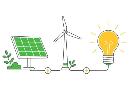 Illustration of solar panel and wind turbine connected to a glowing light bulb symbolizing clean energy generation and innovation