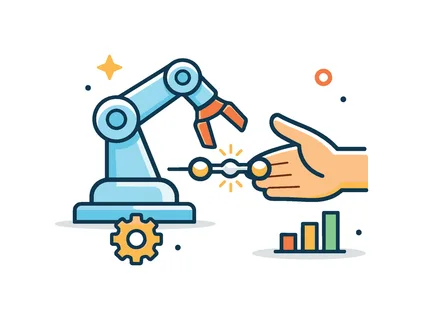 Smart manufacturing and human-machine collaboration in a future-ready industry concept focused on productivity and optimized workflows, a robotic arm paired with a simple