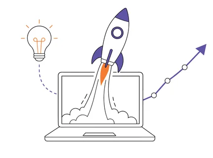 A stylized illustration depicts a rocket emerging from a laptop screen, symbolizing a new venture, with an idea lightbulb and upward trending graph