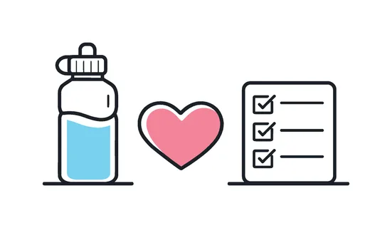 Healthy daily habits and balanced lifestyle routines supporting personal wellbeing, a simple water bottle beside a small heart and a checkmark list forming a clean visual metaphor