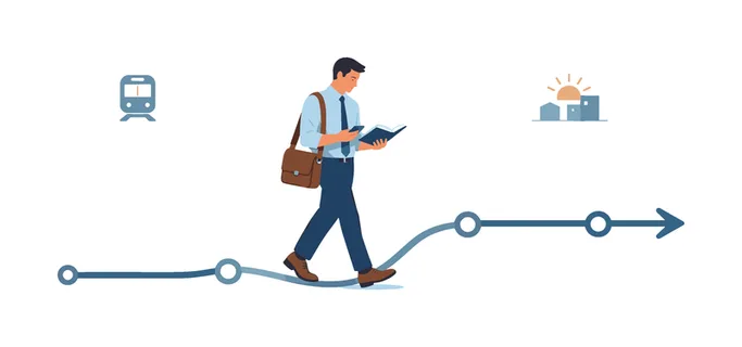 A professional commuting to work during morning hours using public transportation, standing calmly while reviewing daily plans and preparing mentally for the day ahead,