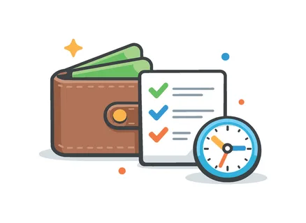 Financial loan administration and debt management supporting users in maintaining organized records and meeting obligations over time, a wallet combined with a checklist