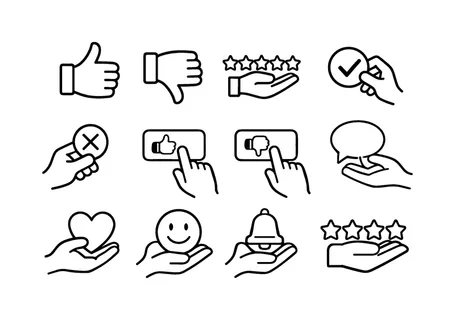 Thumbs rating feedback: thumbs up hand, thumbs down hand, hand with star rating, hand with checkmark, hand with cross mark, hand pressing like button, hand pressing dislike button