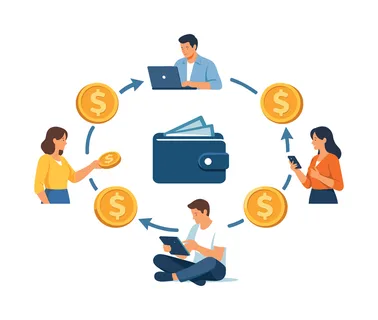 Economic exchange and financial movement in a modern digital economy environment, a group of coins forming a circular path connected by refresh arrows around a simple wallet symbol