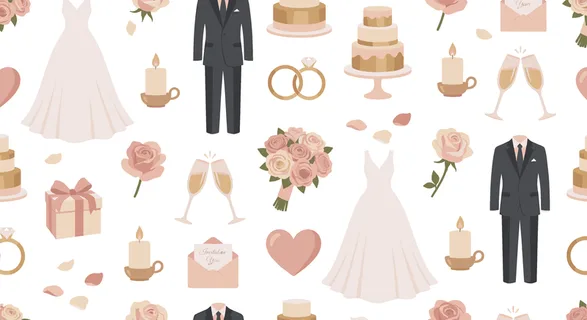 Wedding celebration seamless pattern for romantic event and bridal themes featuring bride dress, groom suit, wedding cake, ring, diamond ring, bouquet, rose, champagne glass, gift