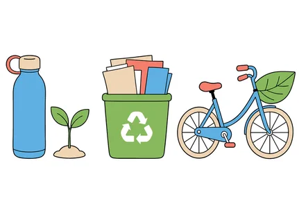 A collection of simple, flat design illustrations representing eco-friendly practices and a healthy lifestyle