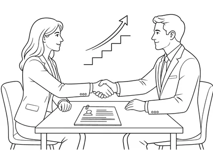 A man and woman in business attire shake hands across a table, symbolizing a successful agreement or job offer with upward career progression