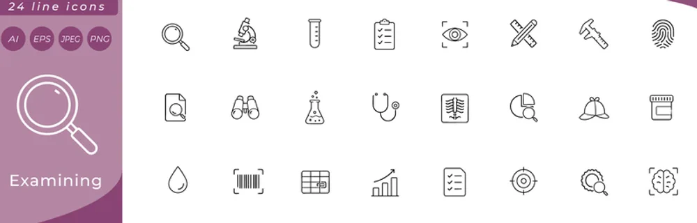 Examining: magnifying glass, microscope, test tube, clipboard with checklist, eye with scan lines, ruler and pencil crossed, caliper tool, fingerprint, document with magnifying glass badge