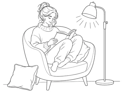 A tranquil scene featuring a person enjoying a book in a cozy chair under warm light