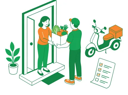 A person is handing a box of fresh produce to a woman standing at her front door, with a delivery scooter and checklist in the background