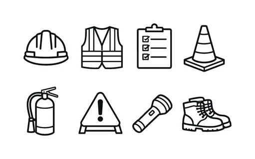 Safety inspection: hard hat helmet, safety vest, clipboard checklist, traffic cone, fire extinguisher, caution sign, flashlight, boots.