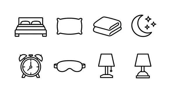 Sleep essentials: bed, pillow, blanket, moon, stars, alarm clock, sleep mask, bedside lamp.