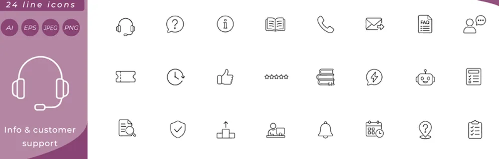 Info & customer support: headset, chat bubble with question mark, info circle, open book, telephone handset, email envelope with arrow, FAQ document, user silhouette with speech bubble, ticket stub