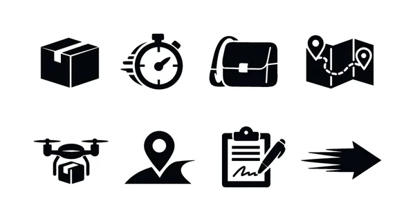 Instant delivery concept: package box, stopwatch, courier bag, map route, drone delivery, tracking pin, signature receipt, fast arrow.