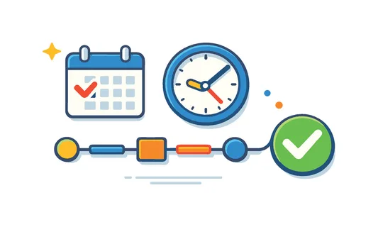 Work schedule organization scenario centered on coordinating meetings and tasks for smooth workflow execution, a simple timeline connected to a small checkmark icon