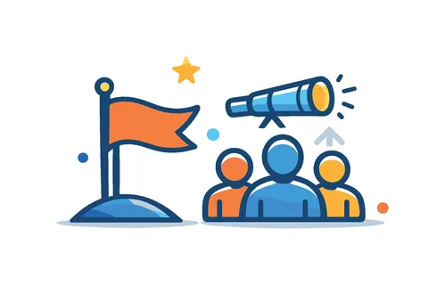 Team leadership scenario emphasizing motivating and coordinating individuals toward shared goals and success, a flag paired with a small group icon symbolizing vision and
