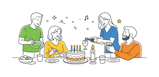Seasonal festivity at home where friends or family prepare and enjoy a special occasion together, visualized through a decorated table with a cake and a candle as the