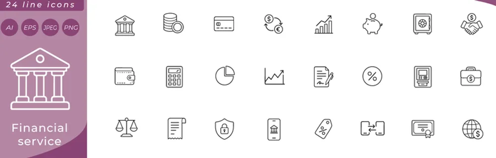 Financial service: bank building with columns, coin stack, credit card, currency exchange arrows, bar chart with upward trend, piggy bank, safe vault with dial, handshake with dollar badge, wallet
