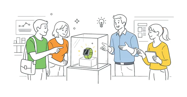 People interacting with modern retail or exhibition spaces featuring transparent glass displays to showcase products or information in a clean environment, illustrated