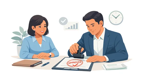 Business authorization moment where an individual grants permission and finalizes paperwork, highlighting efficiency, trust, and procedural completion in administrative