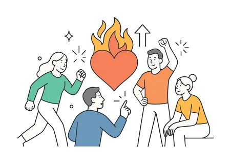 Motivation and inner drive in a personal growth or wellness setting where individuals pursue goals with energy and determination, visualized through a flaming heart