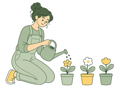 A young woman in overalls kneels and waters three potted flowers with a watering can, symbolizing growth and nurturing