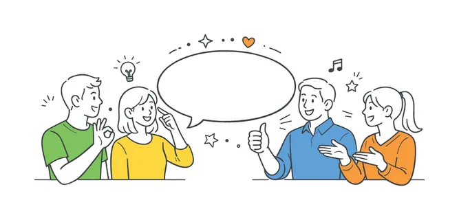A modern communication and nonverbal interaction concept where people use hand gestures to express ideas and emotions in everyday situations, using a set of simple hand signs and a