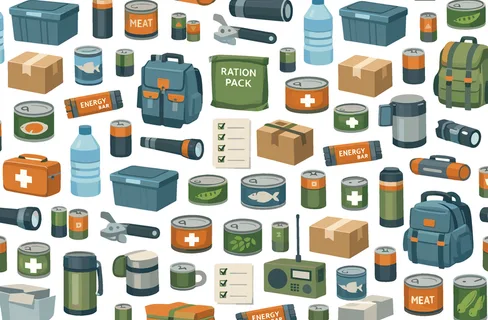 Emergency food supply seamless pattern for preparedness and survival kits featuring canned meat, canned fish, canned vegetables, water bottle, ration pack, energy bar, flashlight,