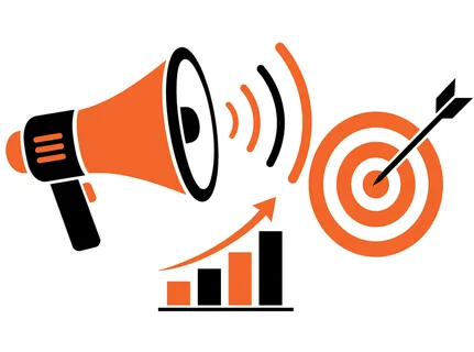 Illustration of a megaphone, a rising bar chart, and a bullseye target with an arrow, representing marketing strategy and achievement